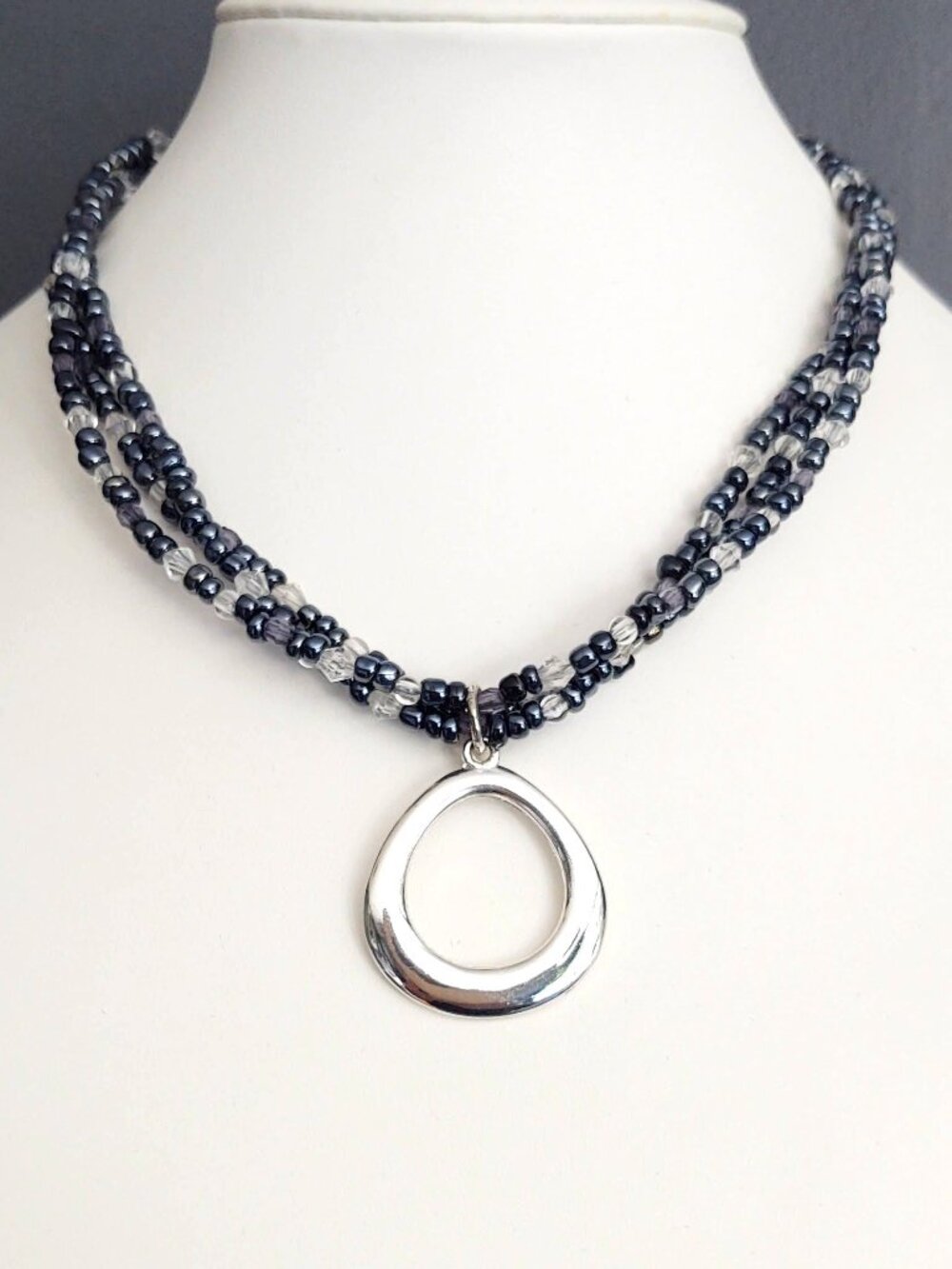 3 strand blue gray, clear & silver necklace